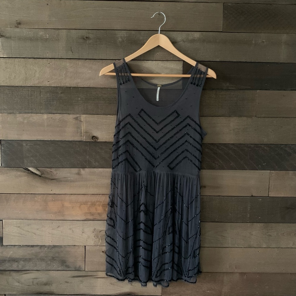 Embellished Black Sleeveless Mesh Fit & Flare Dress - Picture 2 of 5